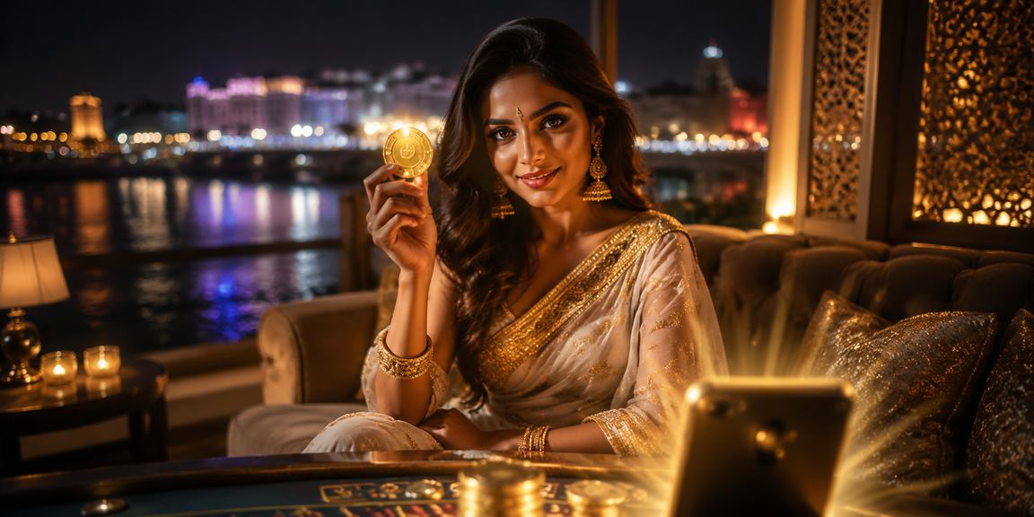Woman enjoying mobile casino slots along Ahmedabad riverfront in traditional saree