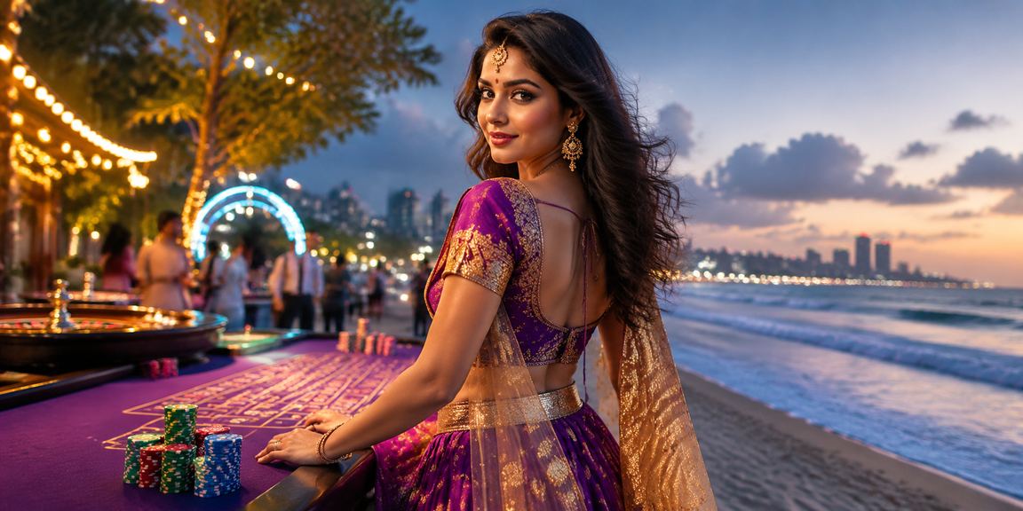 Young woman using mobile payment apps near Chennai Marina Beach for online slots