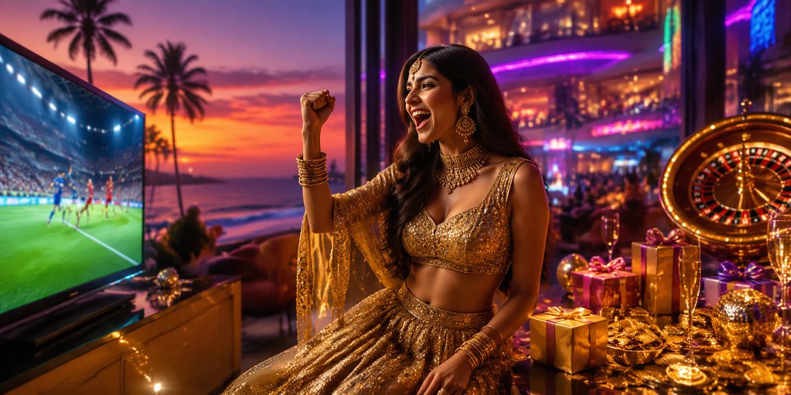 Woman in lehenga enjoying live casino games on mobile at Goa beachside