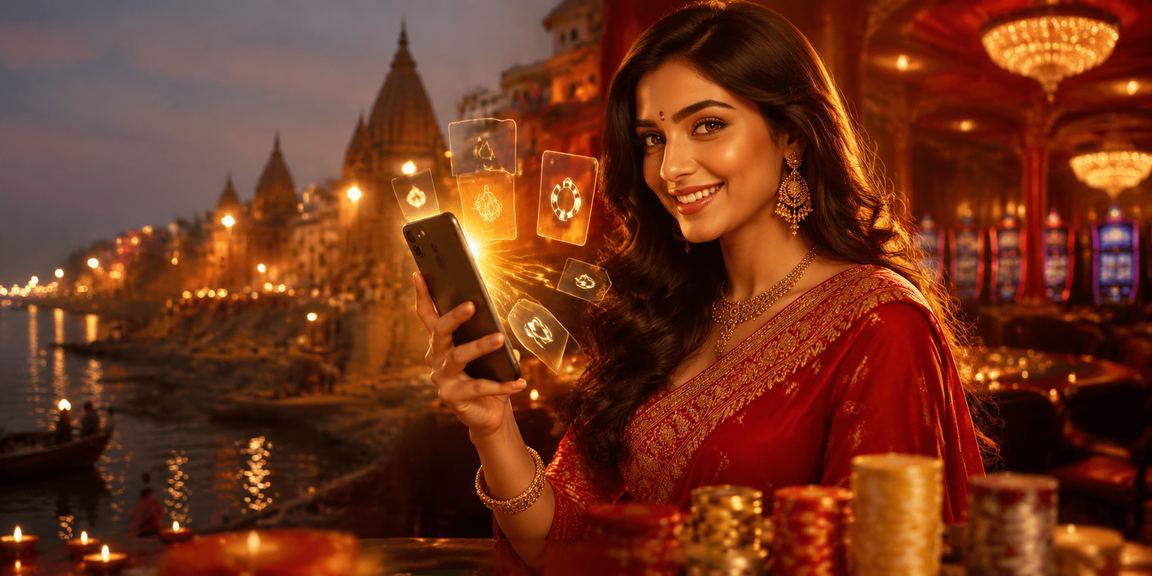Player enjoying rummy game app with red-gold theme near Varanasi ghats